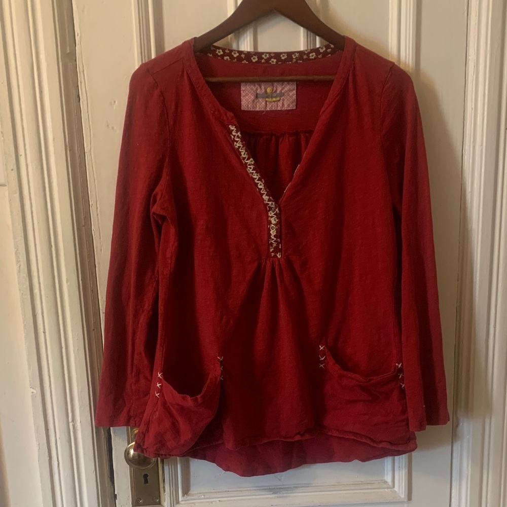 Women's Red Long-Sleeve Henley Tunic Top